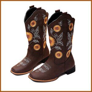 Polyurethane Western Boots with Sunflower Embroidery Square Toe Low Heel
